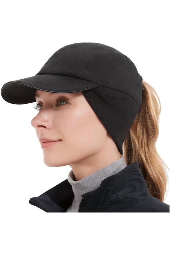 Ultra-Warm Winter Fleece Ponytail Hat, Reflective, Drop Down Ear Warmer, Black
