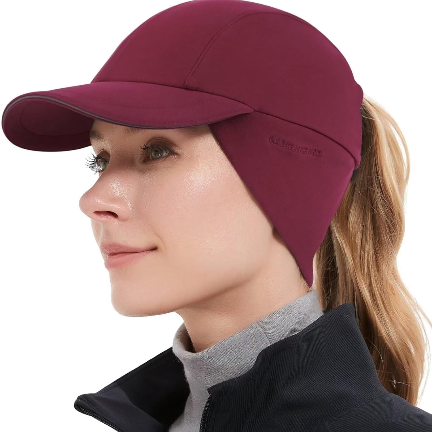 〽️Women\'s Wine Red Winter Reflective Fleece Ponytail Hat with Ear Warmers Ponytail Hat - Reflective Winter Running Beanie - TrailHeads main image 2