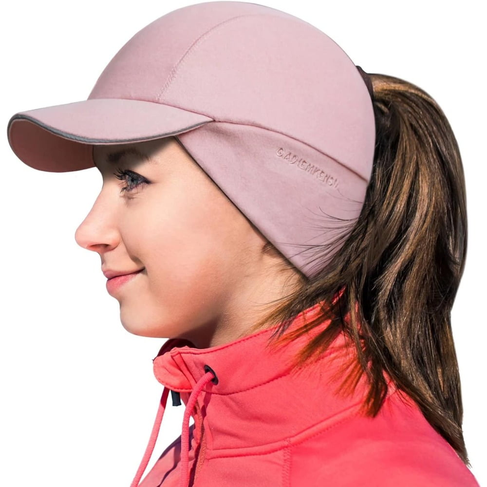 〽️Women\'s Wine Red Winter Reflective Fleece Ponytail Hat with Ear Warmers Ponytail Hat - Reflective Winter Running Beanie - TrailHeads main image 4