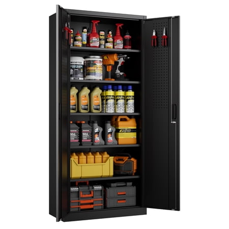 GAEANET 2 Door Metal Storage Cabinet with 5 Adjustable Shelves &Pegboard, 71" H×32" W×16" D Locking Steel Garage Cabinet, for Garage,Office,Home,Gym,School, File Cabinet,Assembly Required, Black