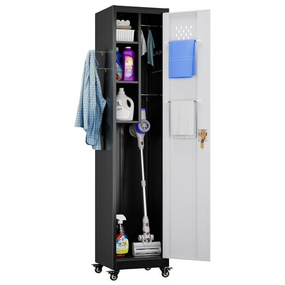 GAEANET 72''H Metal Broom Closet Storage Cabinet with Wheels & Pegboards, Mops Broom Closet Organizer with Locking Door & Hanging Rod,Cleaning Tool Garage Cabinet,Assembly Required,Black White