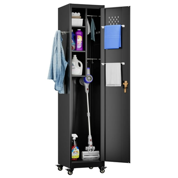 GAEANET 72''H Metal Broom Closet Storage Cabinet with Wheels & Pegboards, Mops Broom Closet Organizer with Locking Door & Hanging Rod,Cleaning Tool Garage Cabinet,Assembly Required,Black