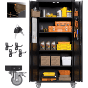 GAEANET 72 inches Metal Garage Storage Cabinet with Wheels, Locking Tall Steel Storage Cabinet with 2 Doors and 4 Shelves, Rolling Storage Cabinet for Office, Garage, Assembly Required, Black
