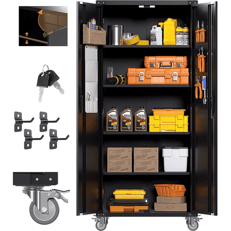 GAEANET 72 inches Metal Garage Storage Cabinet with Wheels, Locking Tall Steel Storage Cabinet with 2 Doors and 4 Shelves, Rolling Storage Cabinet for Office, Garage, Assembly Required, Black