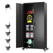 GAEANET 73" H Metal Garage Storage Cabinet with Wheels, Locking Steel Storage Cabinet with 4 Shelves for Home Office, Assembly Required,Black