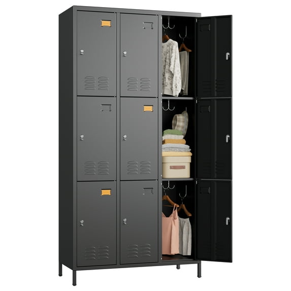 GAEANET 9 Doors Metal Storage Locker Cabinet for Employees, Storage Locker for School Office Gym Bedroom, Industrial Steel Storage Locker with 18 Hooks, Black, Assembly Required