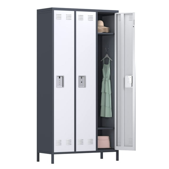 GAEANET Metal Locker for School Office Gym Bedroom,3 Doors Steel Storage Locker Cabinet for Employees,Industrial Storage Locker with 2 Shelves,Assembly Required,Gray+White
