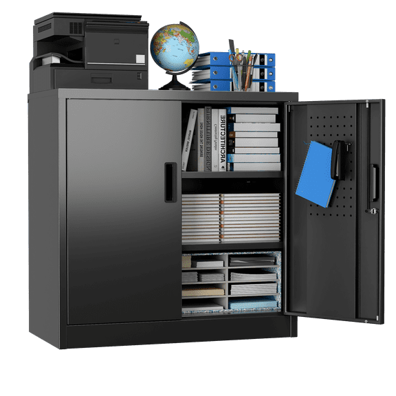 GAEANET Metal Storage Cabinet for Home Office, Locking Garage Storage Cabinet with 2 Doors and Shelves, Small Lockable Storage Cabinet with Pegboards, Assembly Required, Black