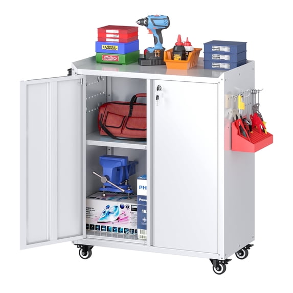 GAEANET 31.5'' H Metal Rolling Tool Cabinet, Locking Steel Storage Cabinet on Wheels with Pegboards for Office, Garage, Home, Library, White, Assembly Required