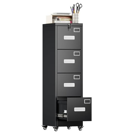 GAEANET Upgrade 56" H 4 Drawer Vertical File Cabinet with Wheels, Lockable Home Office Metal File Cabinet for Legal/Letter A4 Size, Assembly Required,Black
