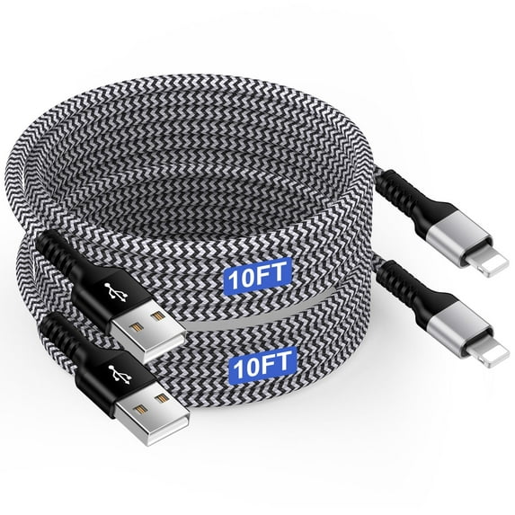 Compatible for iPhone Charger Cable, 2 Pack Fast USB Charging Cable 10FT, Nylon Braided Heavy Duty High Speed Data Sync Charger Cable Compatible for iPhone, White