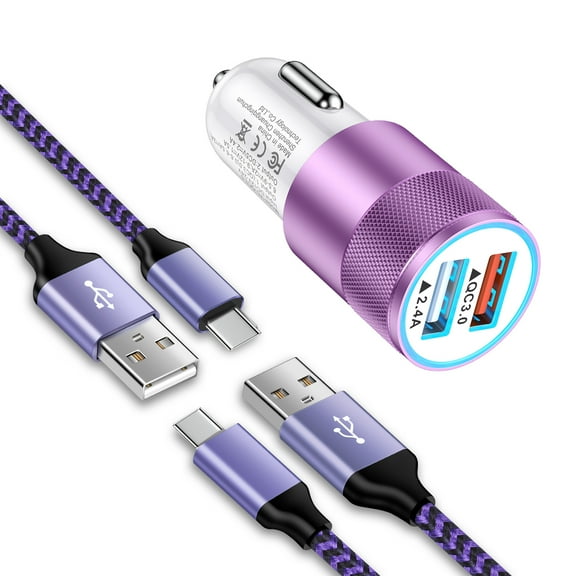 Car Charger Fast Charging, Dual Port Car Charger Adapter with 2 Pack USB A to Type C Charging Cable 6FT, QC 3.0+2.4A Car Cigarette Lighter Socket Plug Compatible for iPhone, Android, Purple