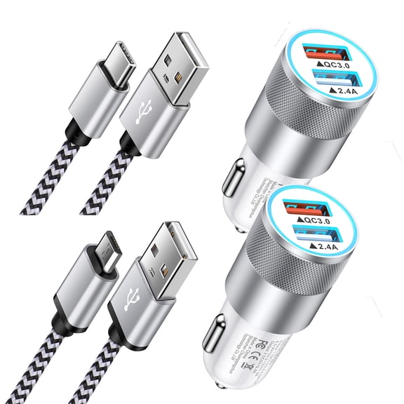 Car Charger Fast Charging, 2 Pack Dual Port Car Charger Adapter with 6FT Type C+Micro Charging Cable, QC 3.0+2.4A Car Cigarette Lighter Socket Plug Compatible for iPhone, Android, White