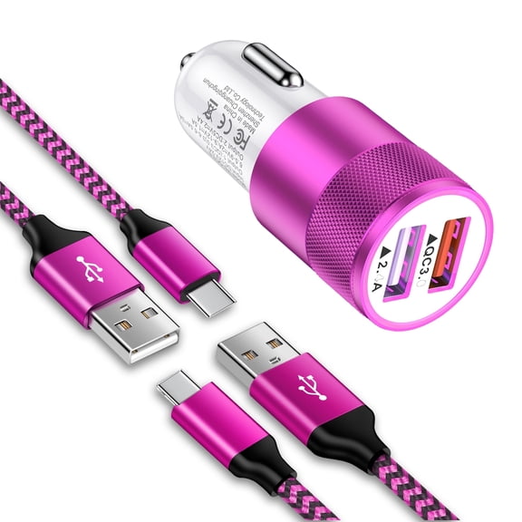 Car Charger Fast Charging, Dual Port Car Charger Adapter with 2 Pack USB A to Type C Charging Cable 6FT, QC 3.0+2.4A Car Cigarette Lighter Socket Plug Compatible for iPhone, Android, Pink
