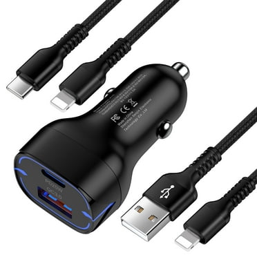 GAEF Car Charger, Dual Port USB C Car Charger,Fast Car Adapter W/ USB-C Charging Cord and USB-A to Charger Cable, Vehicle Charger W/ Type C and USB Charging Cord Compatible for iPhone,Black
