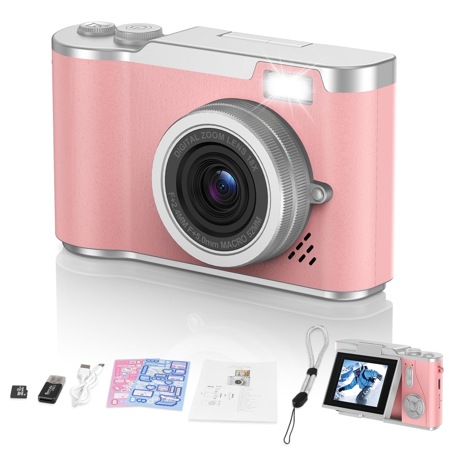AndHot Digital Camera Kids Camera FHD 1080P 48MP Vlogging Camera with 180°Flip Screen 16X Zoom,Portable Digital Video Cameras Travel Compact Camera Autofocus with 32GB Card for Home or Travel(Pink)