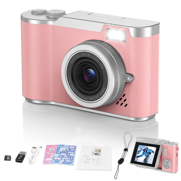 AndHot Digital Camera Kids Camera FHD 1080P 48MP Vlogging Camera with 180°Flip Screen 16X Zoom,Portable Digital Video Cameras Travel Compact Camera Autofocus with 32GB Card for Home or Travel(Pink)