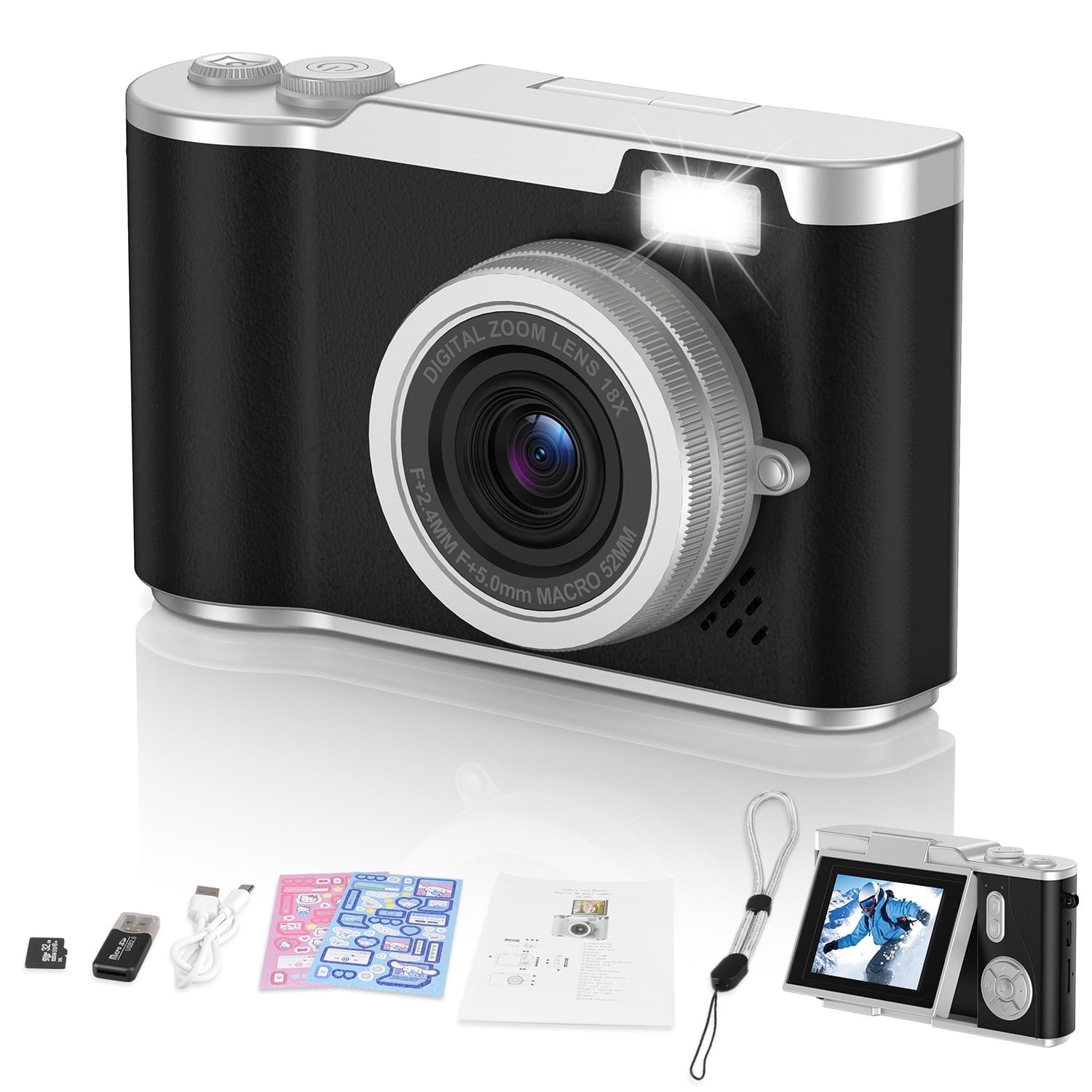 AndHot Digital Camera Kids Camera FHD 1080P 48MP Vlogging Camera with 180°Flip Screen 16X Zoom,Portable Digital Video Cameras Travel Compact Camera Autofocus with 32GB Card for Home or Travel(Black)