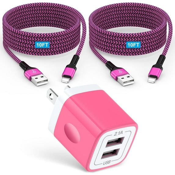 GAEF Dual Port Charger Compatible for iPhone,USB Charger Block Adapter Plug Box Station Brick & 2pack USB Charger Cable,Phone Fast Charger Charging Cable 10FT Compatible for iPhone(Red)