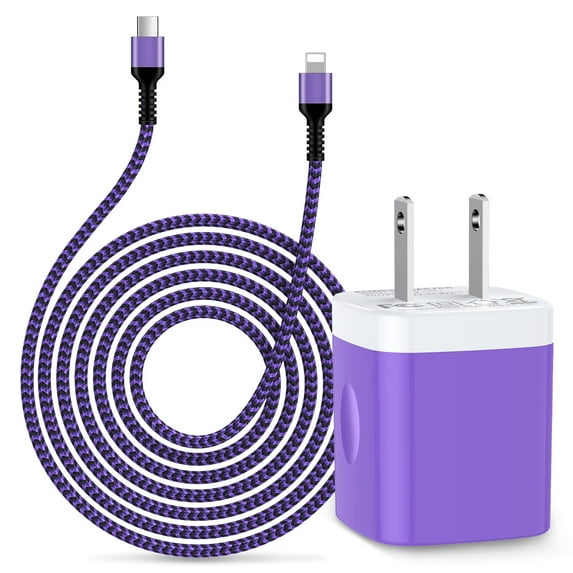 Compatible for iPhone Type C Charger Block, 20W PD USB C Charger with Charging Cable 10FT, USB C Block Charger Adapter Plug Power Station Type C Charging Box Compatible for iPhone, Purple