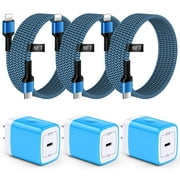 GAEF USB C Charger Block,3Pack PD 20W Wall Charger Block &3Pack USB C Charger Cable,USB-C Charger Box Plug Station Nylon Braided Lightnig Cord,Fast Charging Block Compatible for iPhone,Blue