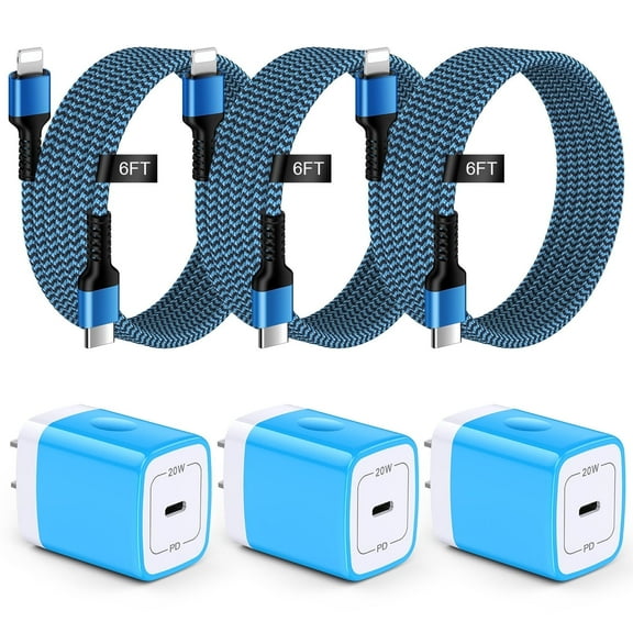 GAEF USB C Charger Block,3Pack PD 20W Wall Charger Block &3Pack USB C Charger Cable,USB-C Charger Box Plug Station Nylon Braided Lightnig Cord,Fast Charging Block Compatible for iPhone,Blue