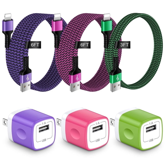 Compatible for iPhone Charger, 3 Pack Wall Charger Block with 3/6/6FT Charging Cable, USB Charging Block Adapter Plug Box Station with Nylon Braided Fast Charging Cord Compatible for iPhone, Mixed B