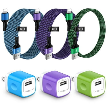 GAEF USB Charger,3Pack Fast Charging Cable 3/6/6ft USB Wall Charger Block Adapter Plug Box Station & Nylon Braided Cord,Fast Charger Charging Cable Cord Compatible for iPhone,Blue+Purple+Green