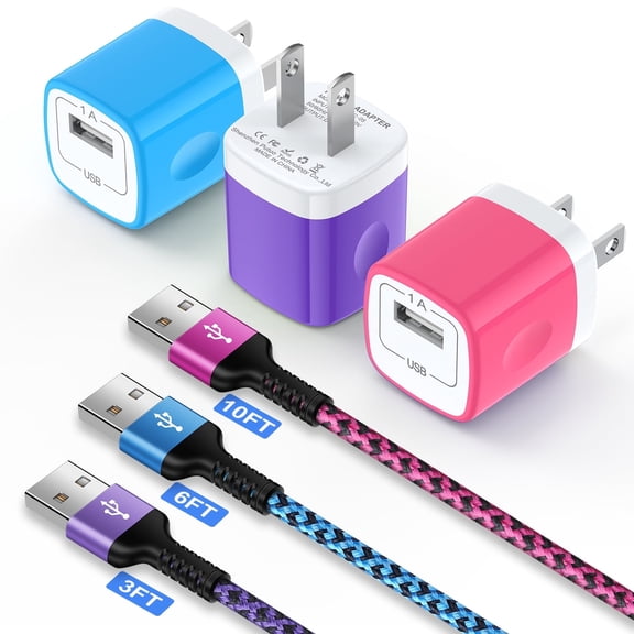 GAEF USB Charger Block,3Pack Fast Charging Cable 3/6/10ft USB Wall Charger Block Adapter Plug Box Station,Fast Charger Charging Cable Cord Compatible for iPhone,Blue+Purple+Rose
