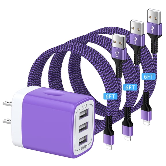 Compatible for iPhone Charger, 3 Port Charger Block with 3 Pack Charging Cable 6FT, USB Charging Box Wall Charger Adapter Plug Power Base Charger Station Compatible for iPhone, Purple