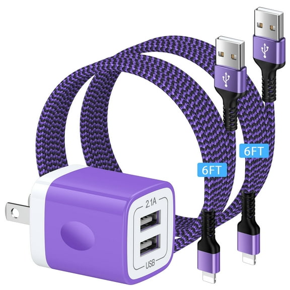 Compatible for iPhone Charger, 2.1A Dual Port Wall Charger Adapter Plug+2 Pack Charging Cable 6FT, Charger Block USB Brick Cube Phone Fast Charger Station Power Base Compatible for iPhone, Purple