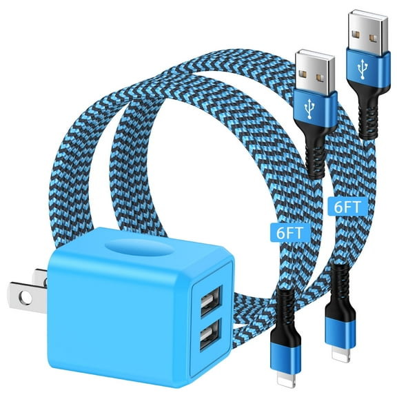 Compatible for iPhone Charger, 2.1A Dual Port Charger Block+2 Pack Charging Cable 6FT, Wall Charger Block USB Brick Box Phone Fast Charger Station Power Base Compatible for iPhone, Blue