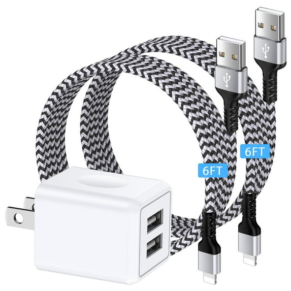 Compatible for iPhone Charger, 2.1A Dual Port Charger Block+2 Pack Charging Cable 6FT, Wall Charger Block USB Brick Box Phone Fast Charger Station Power Base Compatible for iPhone, White