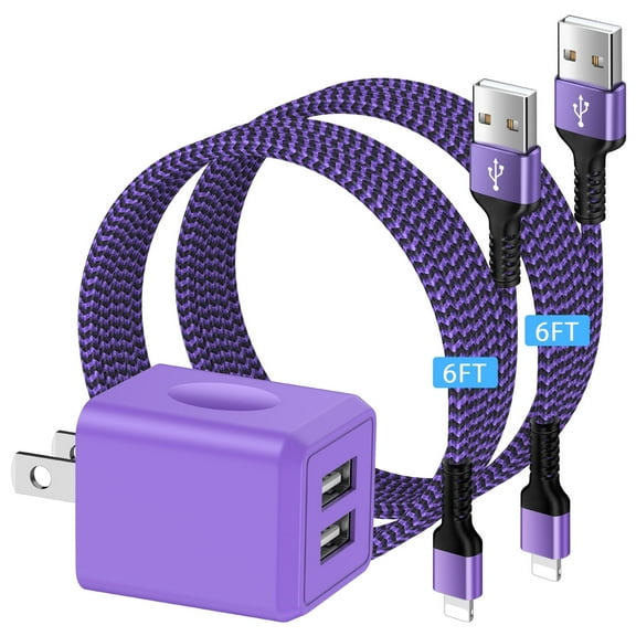 Compatible for iPhone Charger, 2.1A Dual Port Charger Block+2 Pack Charging Cable 6FT, Wall Charger Block USB Brick Box Phone Fast Charger Station Power Base Compatible for iPhone, Purple