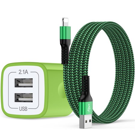 GAEF USB Charger Fast Charging Cable 6ft Compatible for iPhone,USB Wall Charger Block Charger Cords,Dual Port USB Charging Adapter Block Box,Fast Charger Charging Cable Compatible for iPhone,Green