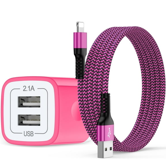 Compatible for iPhone Charger, 2.1A Dual Port USB Wall Charger Block with 6FT Charging Cable, USB Brick Cube Wall Charger Adapter Plug Power Base Fast Charging Station Compatible for iPhone, Pink