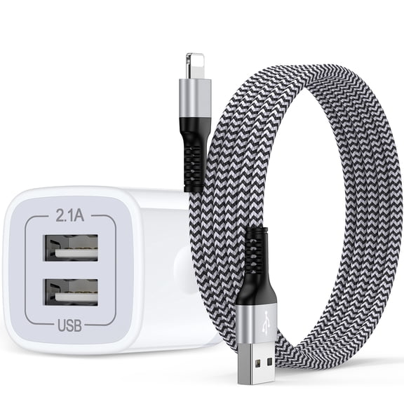 Compatible for iPhone Charger, 2.1A Dual Port USB Wall Charger Block with 6FT Charging Cable, USB Brick Cube Wall Charger Adapter Plug Power Base Fast Charging Station Compatible for iPhone, White