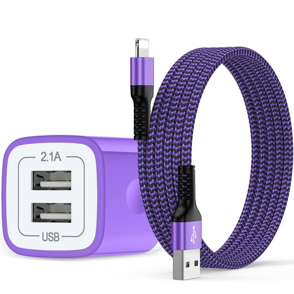 Compatible for iPhone Charger, 2.1A Dual Port USB Wall Charger Block with 6FT Charging Cable, USB Brick Cube Wall Charger Adapter Plug Power Base Fast Charging Station Compatible for iPhone, Purple