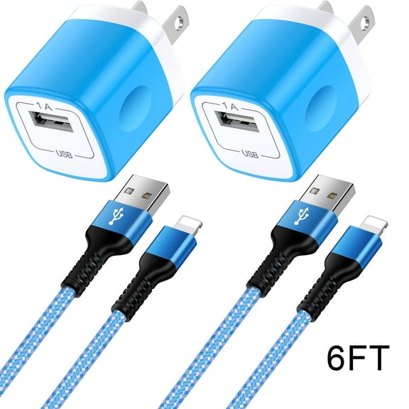 Compatible for iPhone Charger Block, 2 Pack Wall Charger Adapter with 6FT Charging Cable, Power Adapter Plug USB Brick Cube Charging Block Fast Charger Station Compatible for iPhone, Blue