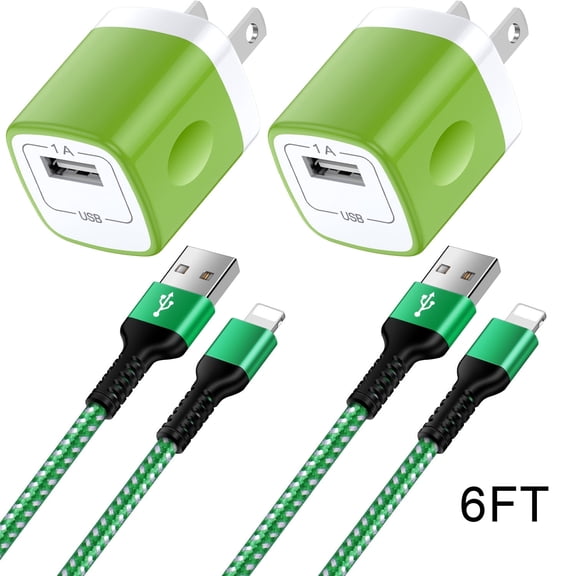 Compatible for iPhone Charger Block, 2 Pack Wall Charger Adapter with 6FT Charging Cable, Power Adapter Plug USB Brick Cube Charging Block Fast Charger Station Compatible for iPhone, Green