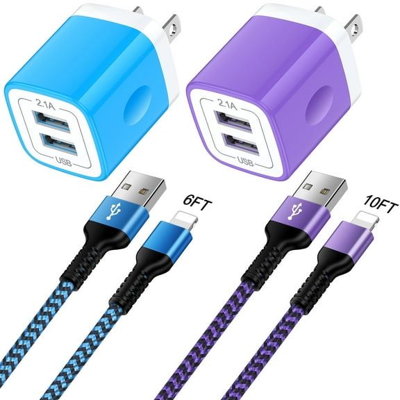 GAEF USB Charger,Fast Charging Cable 10/6ft USB Wall Charger Block, 2Pack Charger Cords&Dual Port USB Charging Adapter Block Box Plug,Fast Charger Charging Cable Compatible for iPhone,Blue+Purple
