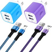 GAEF USB Charger,Fast Charging Cable 10/6ft USB Wall Charger Block, 2Pack Charger Cords&Dual Port USB Charging Adapter Block Box Plug,Fast Charger Charging Cable Compatible for iPhone,Blue+Purple