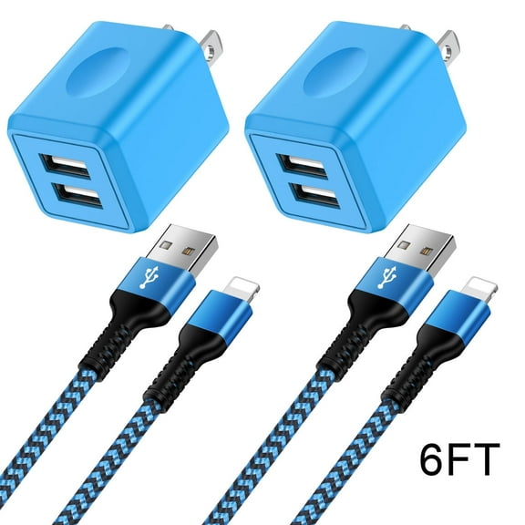 GAEF USB Wall Charger Compatible for iPhone, 2Pack Dual Port USB Charger Block Adapter Plug Cube Station Brick & 6FT Charger Cable,Fast Charger Charging Cable Cord Compatible for iPhone(Blue)