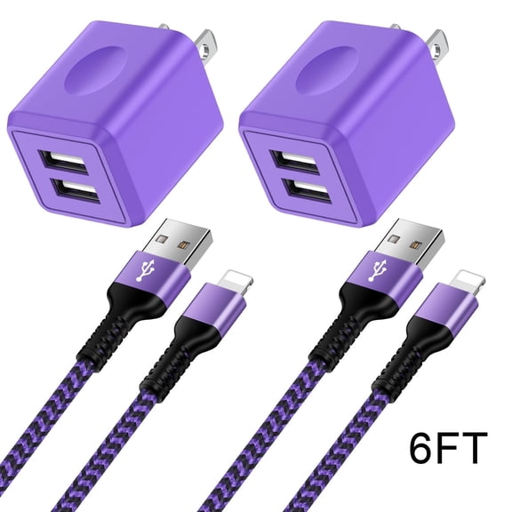 GAEF USB Wall Charger Compatible for iPhone, 2Pack Dual Port USB Charger Block Adapter Plug Cube Station Brick & 6FT Charger Cable,Fast Charger Charging Cable Cord Compatible for iPhone(Purple)