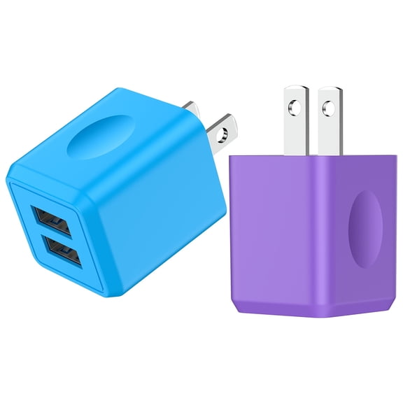 USB Wall Charger Block, 2 Pack 2.1A Dual Port Charging Box Wall Charger Adapter Plug Power Base USB Brick Cube Box Fast Charging Station Compatible for iPhone Android, Purple+Blue