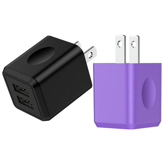 USB Wall Charger Block, 2 Pack 2.1A Dual Port Charging Box Wall Charger Adapter Plug Power Base USB Brick Cube Box Fast Charging Station Compatible for iPhone Android, Purple+Black