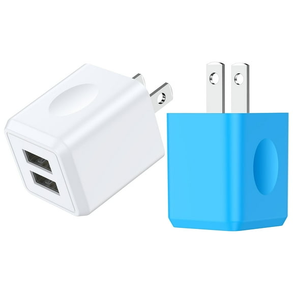 USB Wall Charger Block, 2 Pack 2.1A Dual Port Charging Box Wall Charger Adapter Plug Power Base USB Brick Cube Box Fast Charging Station Compatible for iPhone Android, White+Blue