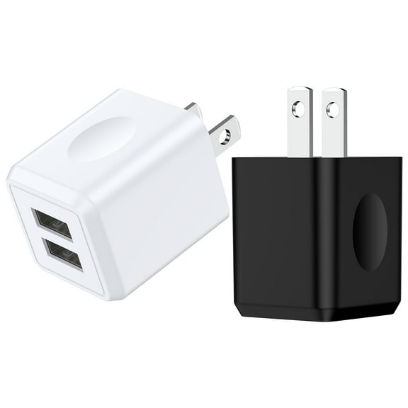 USB Wall Charger Block, 2 Pack 2.1A Dual Port Charging Box Wall Charger Adapter Plug Power Base USB Brick Cube Box Fast Charging Station Compatible for iPhone Android, White+Black