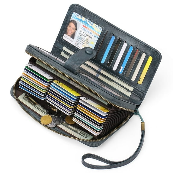 GAEKEAO Leather Credit Card Holder Wallet for Women RFID Blocking Large Capacity Bifold Zipper Card Case Organizer with Wristlet 45 Slots