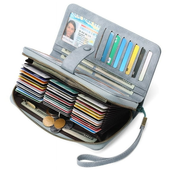 GAEKEAO Leather Credit Card Holder Wallet for Women RFID Blocking Large Capacity Bifold Zipper Card Case Organizer with Wristlet 45 Slots